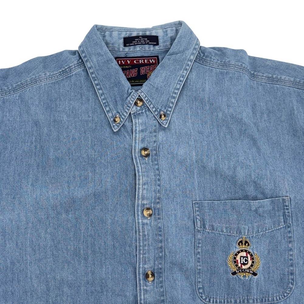 Ivy Crew Jeans Wear Mens XL Denim Shirt Short Sleeve Blue Cotton Crest Logo VTG